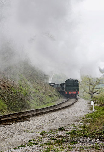 Steam goods train in mountain pass - photography